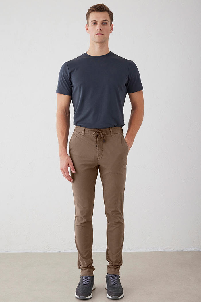 Haki Renk Esnek Beli Kordonlu Chino Pantolon