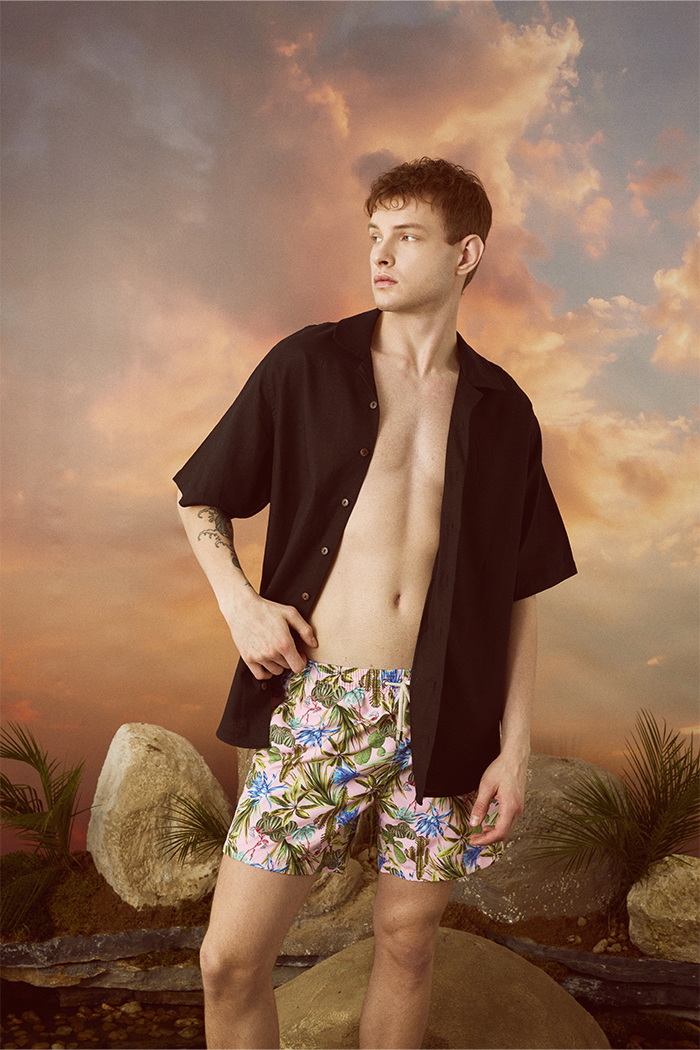 Pembe Lacivert Çiçekli Bağcıklı Şort Mayo