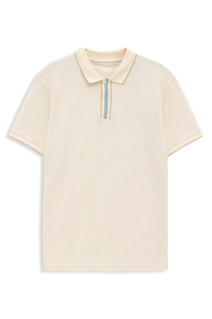 Bej Renk  Polo Yaka Şerit Detaylı Merserize Tişört