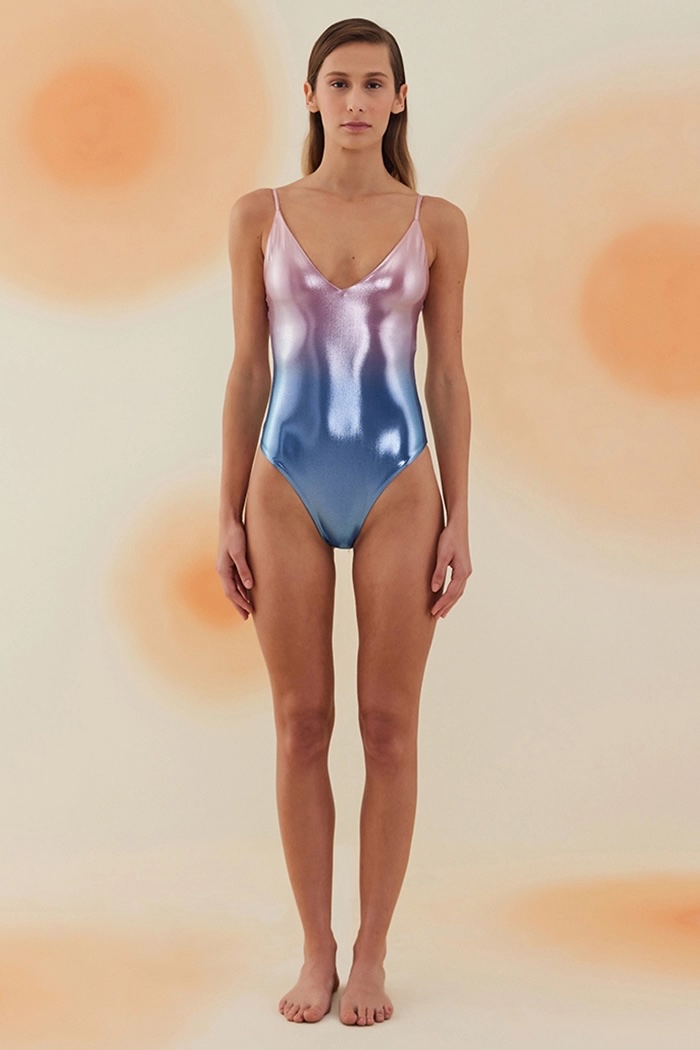 Carison Shiny Sapphire Blue and Misty Rose V Yaka Askılı Mayo