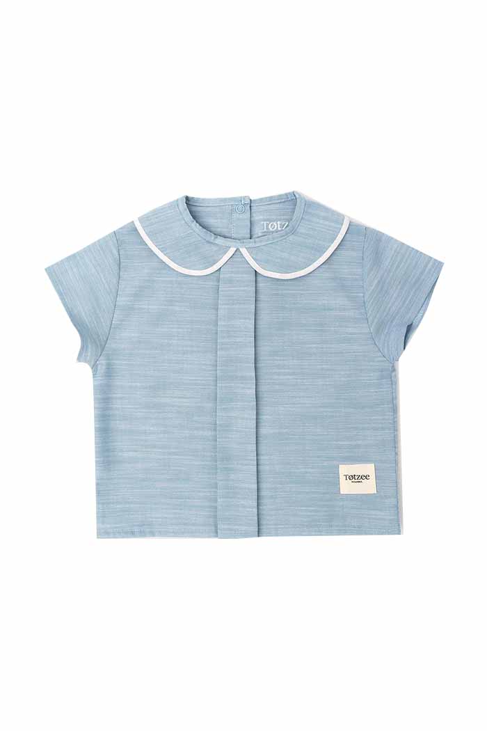 Keten Bebe Yaka Pileli Üst Nil Mavisi