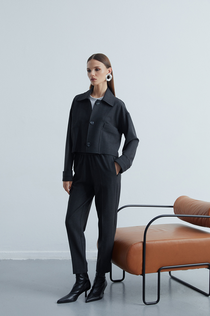 Timeless Beli Lastikli Boru Paça Dokulu Antrasit Pantolon