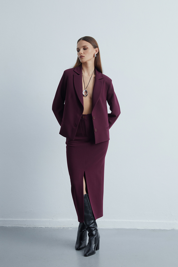 The Classic Bordo Uzun Önü Yırtmaçlı Etek