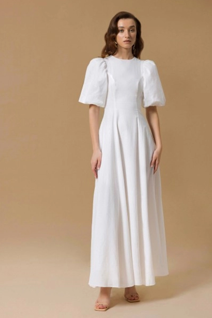 Elora Keten Balon Kol Maxi Elbise