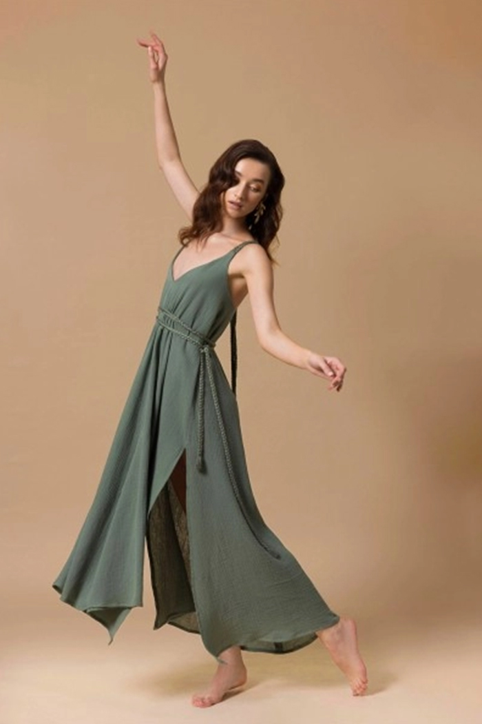 Elinora Haki Yeşil Uzun Elbise