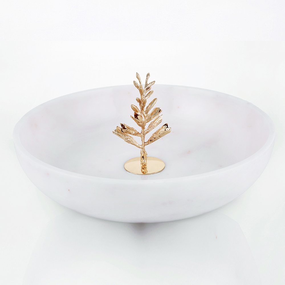 Gold Dal ve Çiçek Detaylı Büyük Boy Mermer Kase