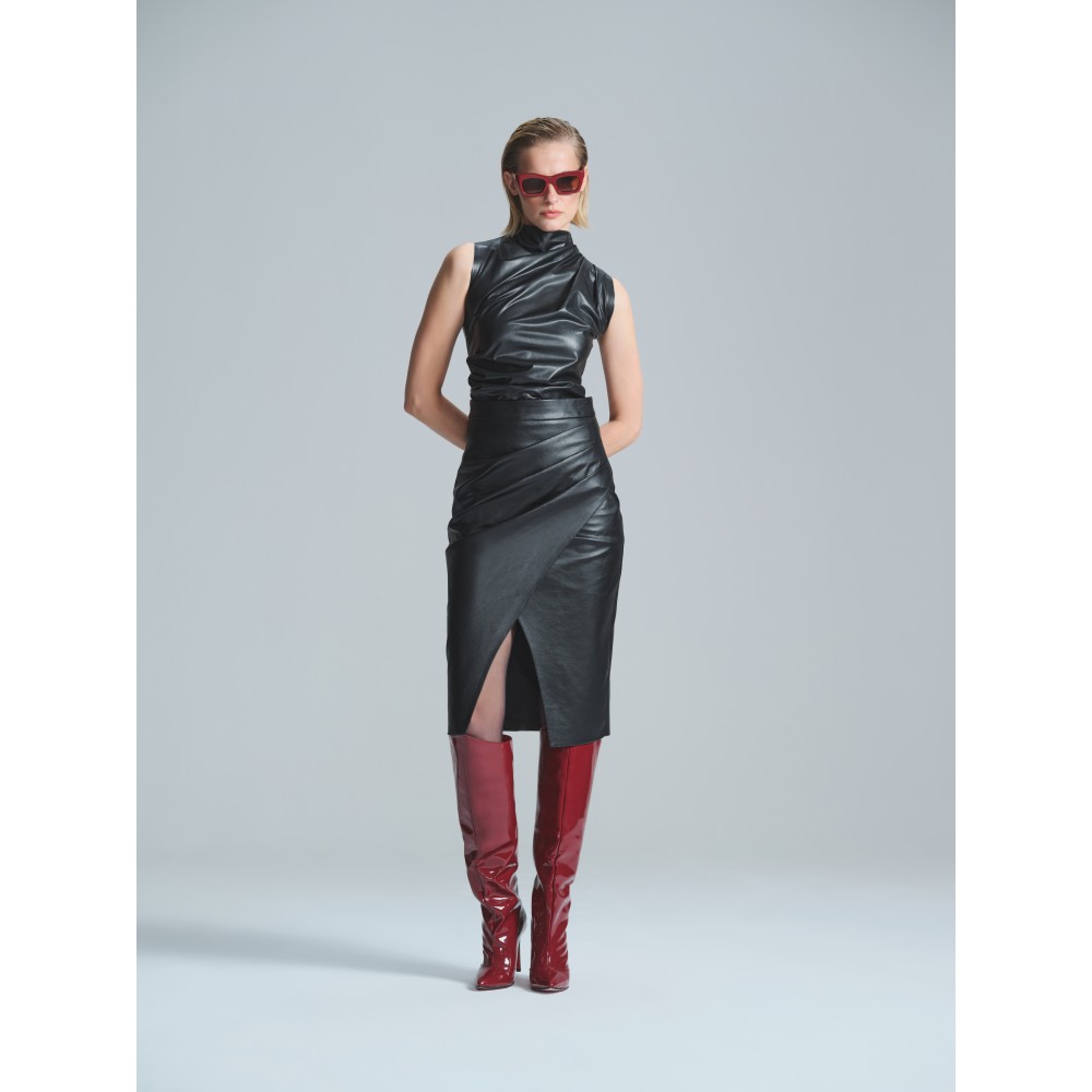 LOUISE SİYAH DERİ MIDI ETEK