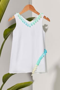 Renkli Ponponlu Çocuk Beyaz Elbise