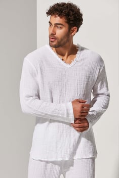 Double Face V Yaka Müslin Kumaş T-Shirt