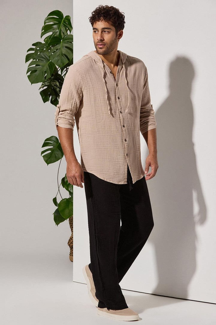 Kapüşonlu Double Face Müslin Bej Gömlek