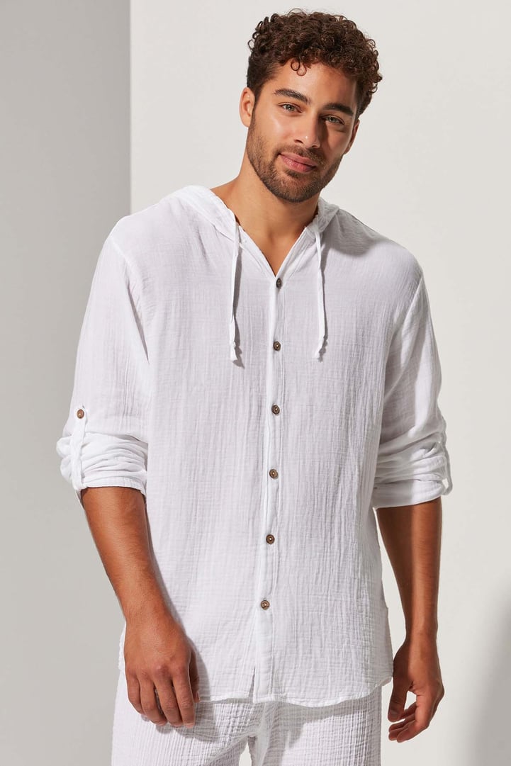 Kapüşonlu Double Face Müslin Beyaz Gömlek