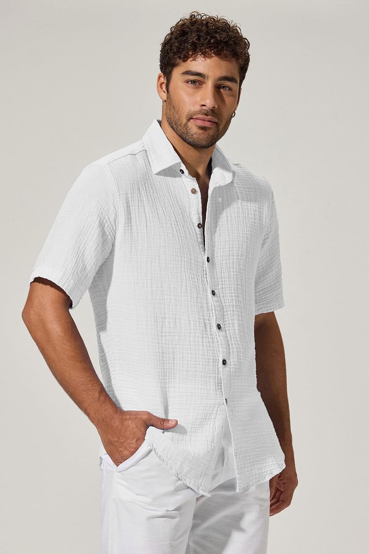 Kısa Kol Double Face Beyaz Erkek Gömlek