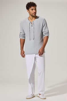 Uzun Kol Zımbalı Şile Bezi Gri Erkek T-Shirt