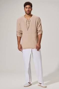 Uzun Kol Zımbalı Şile Bezi Bej Erkek T-Shirt