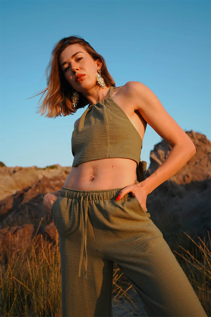 %100 Keten Bağlamalı Crop Bluz