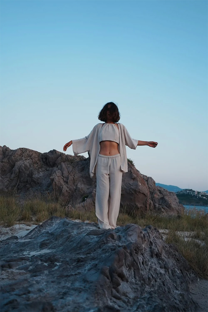 %100 Keten Oversize Kimono Bej 