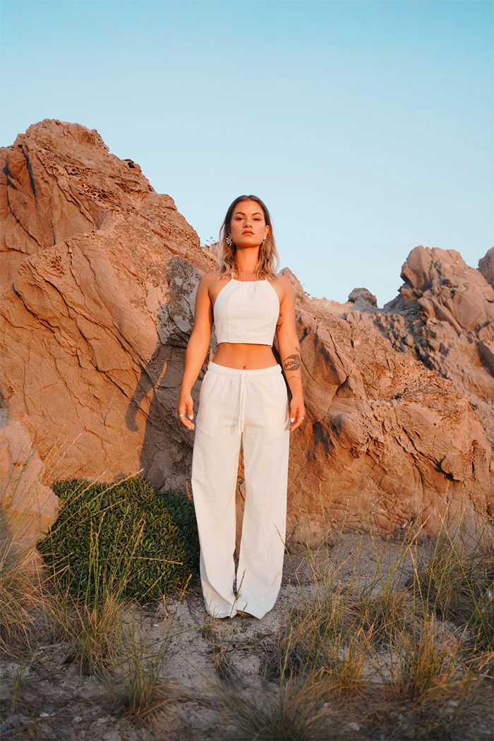 %100 Keten Bağlamalı Crop Bluz