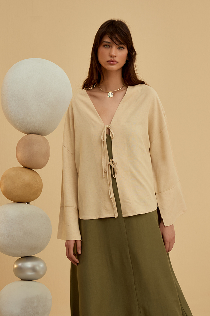 Ekru Glow Keten Gömlek