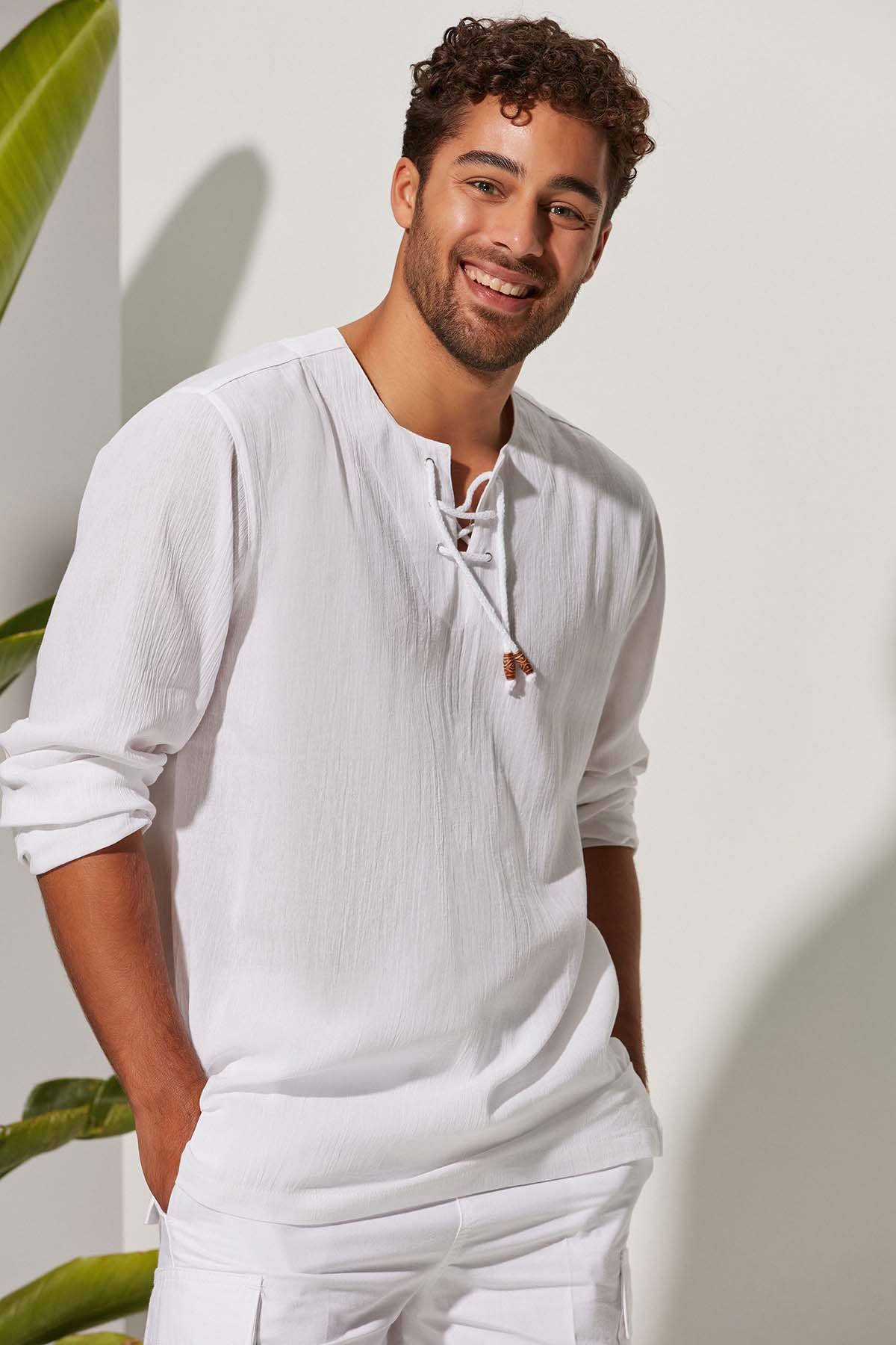 Uzun Kol Zımbalı Şile Bezi Beyaz Erkek T-Shirt