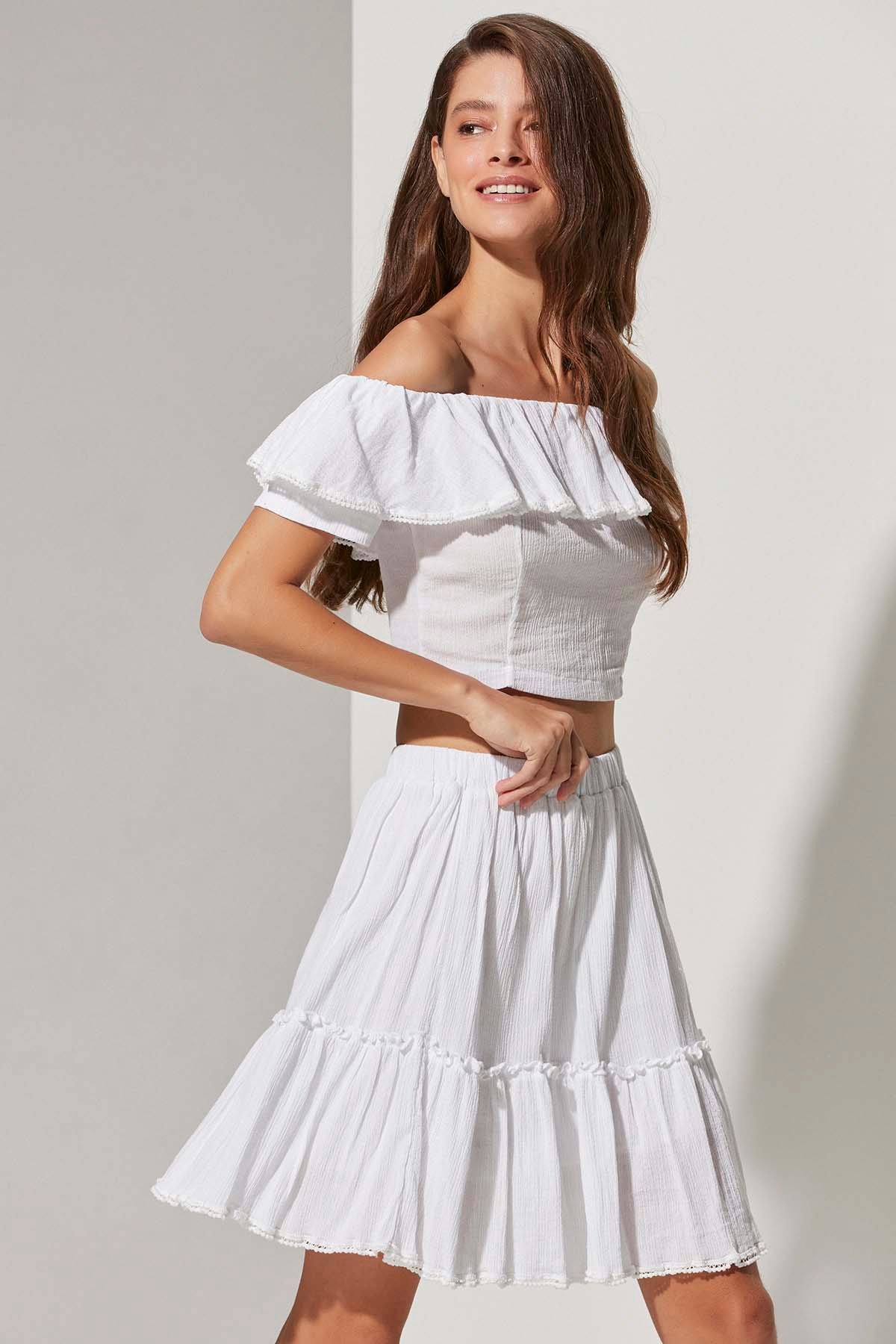 Kısa Kol Farbelalı Beyaz Bluz