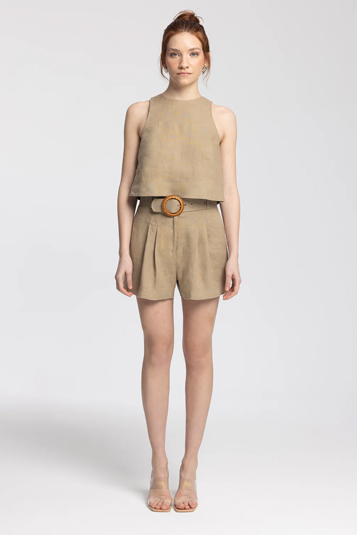 Reve Dark Beige %100 Linen Short