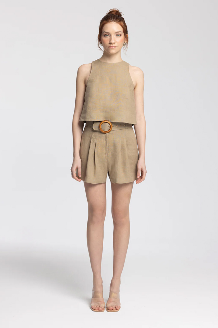 Lena Dark Beige %100 Linen Top