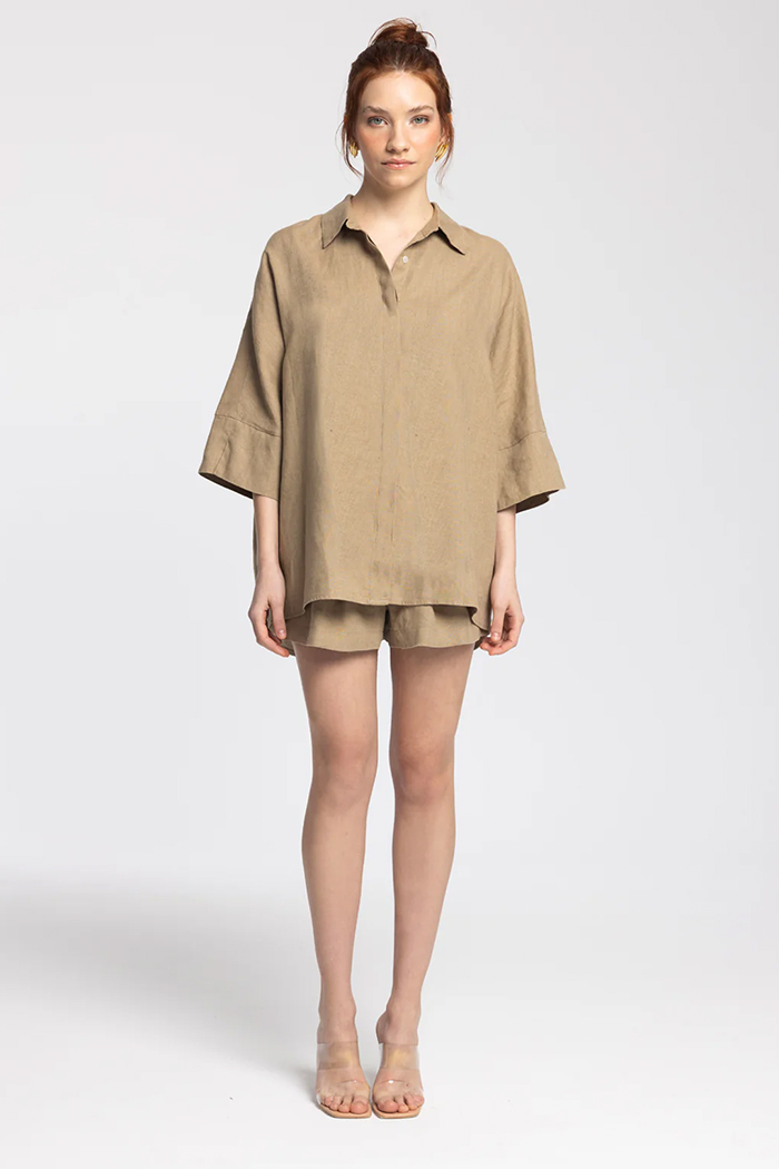Iyan Dark Beige %100 Linen Shirt