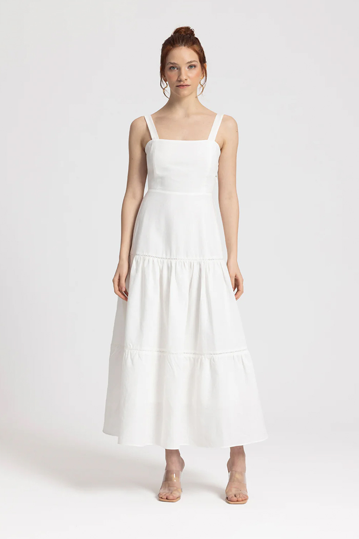 Ella White Midi %100 Linen Dress