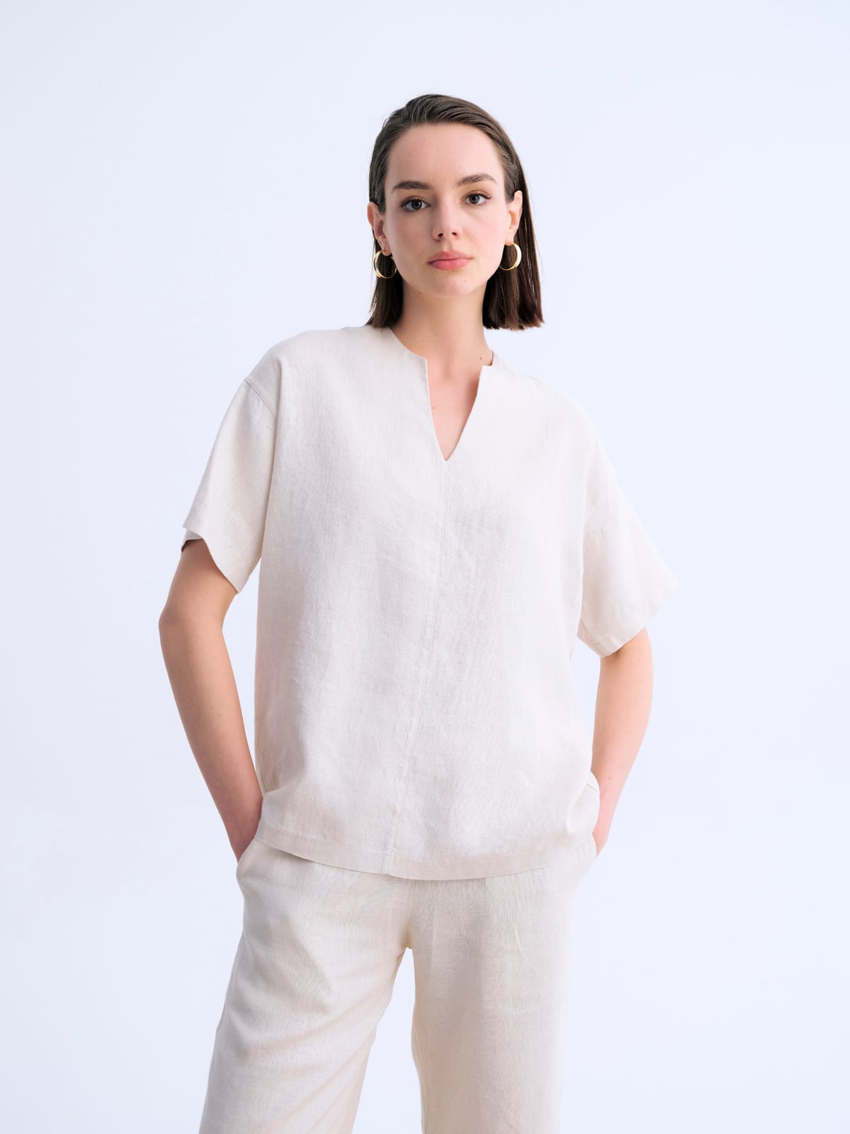 Relaxed Bej Cut V Yaka Keten Üst