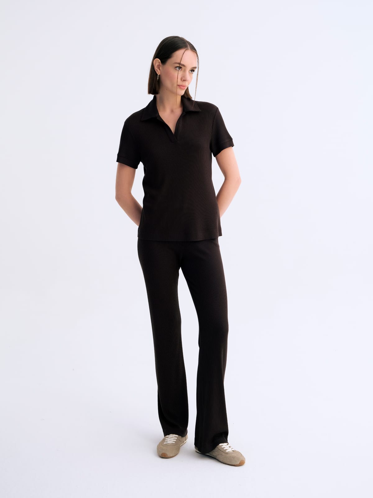 Ribbed Kahve Ease Fitilli Tshirt