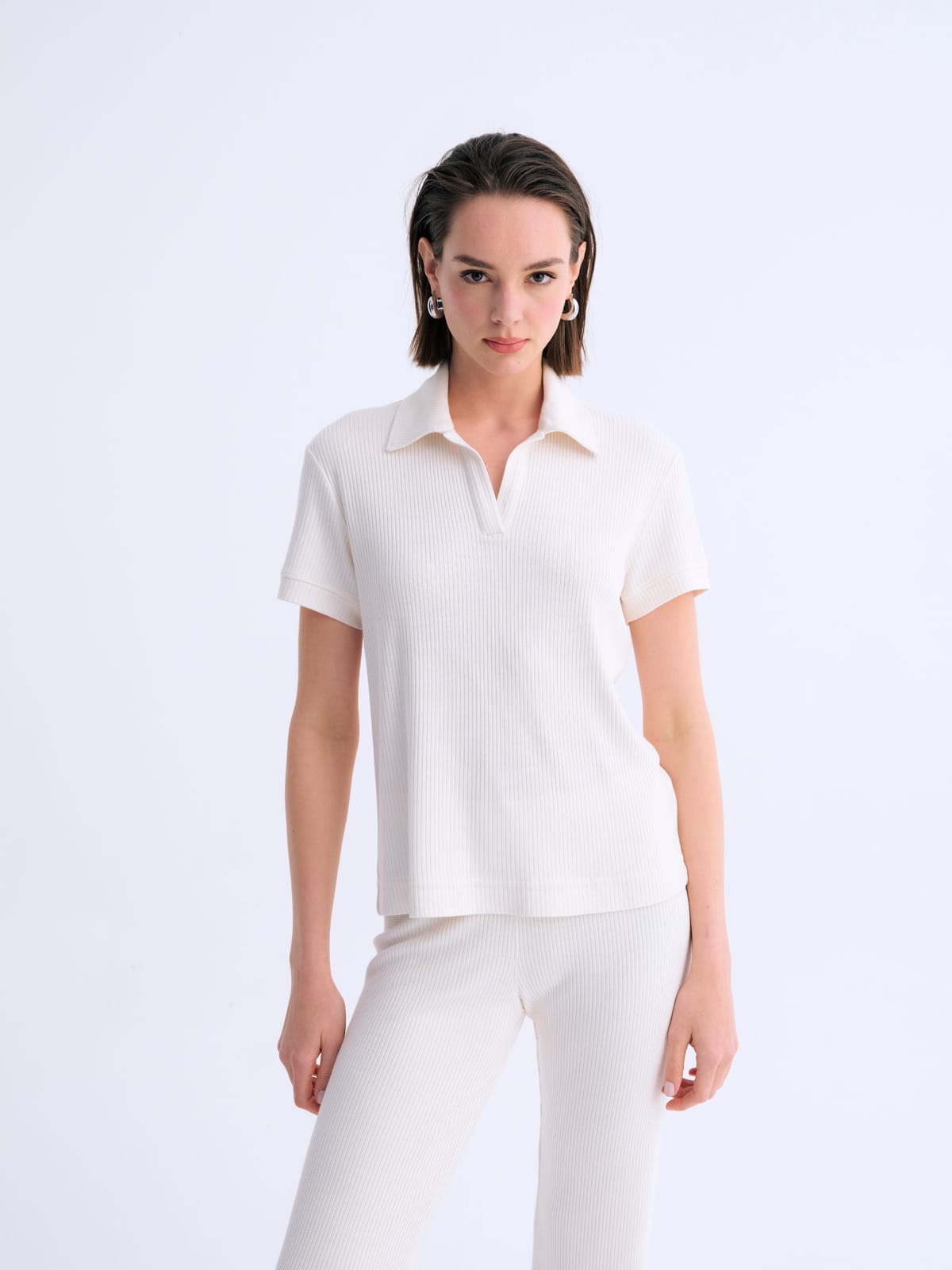 Ribbed Beyaz Ease Fitilli Tshirt