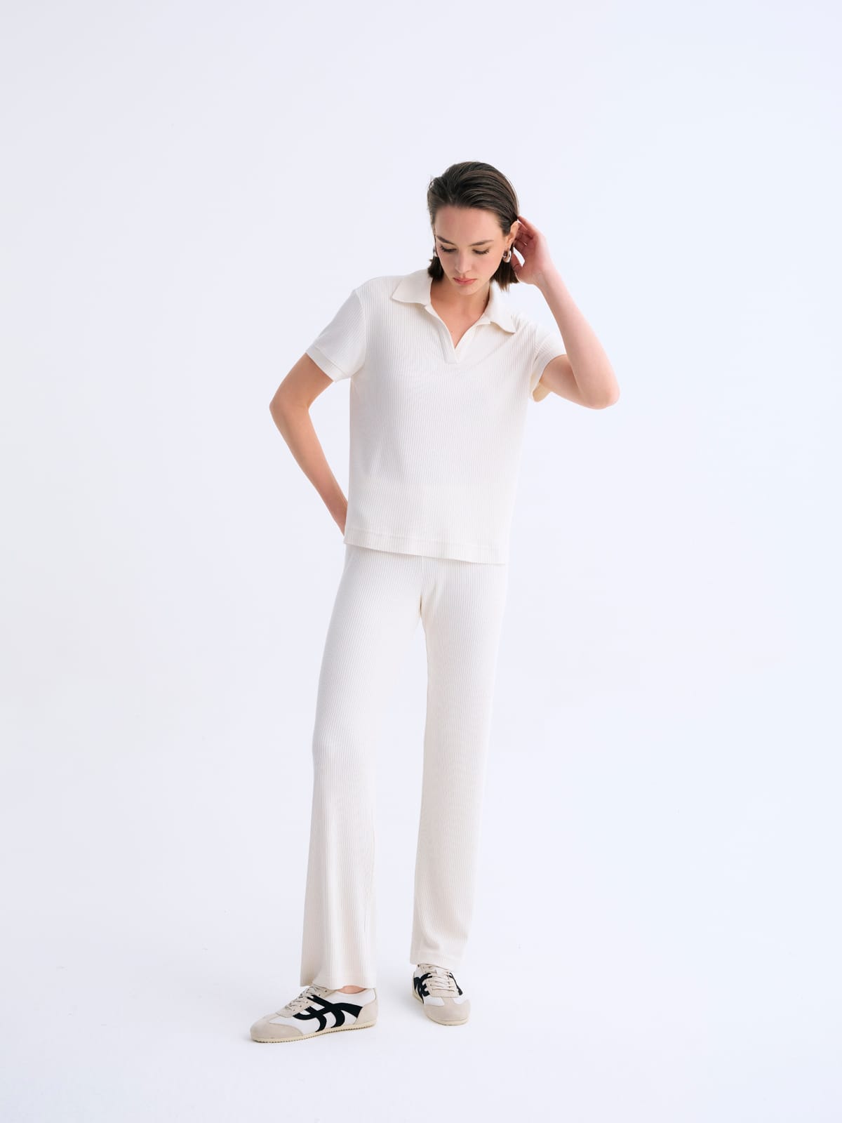 Ribbed Beyaz Flow Fitilli Eşofman