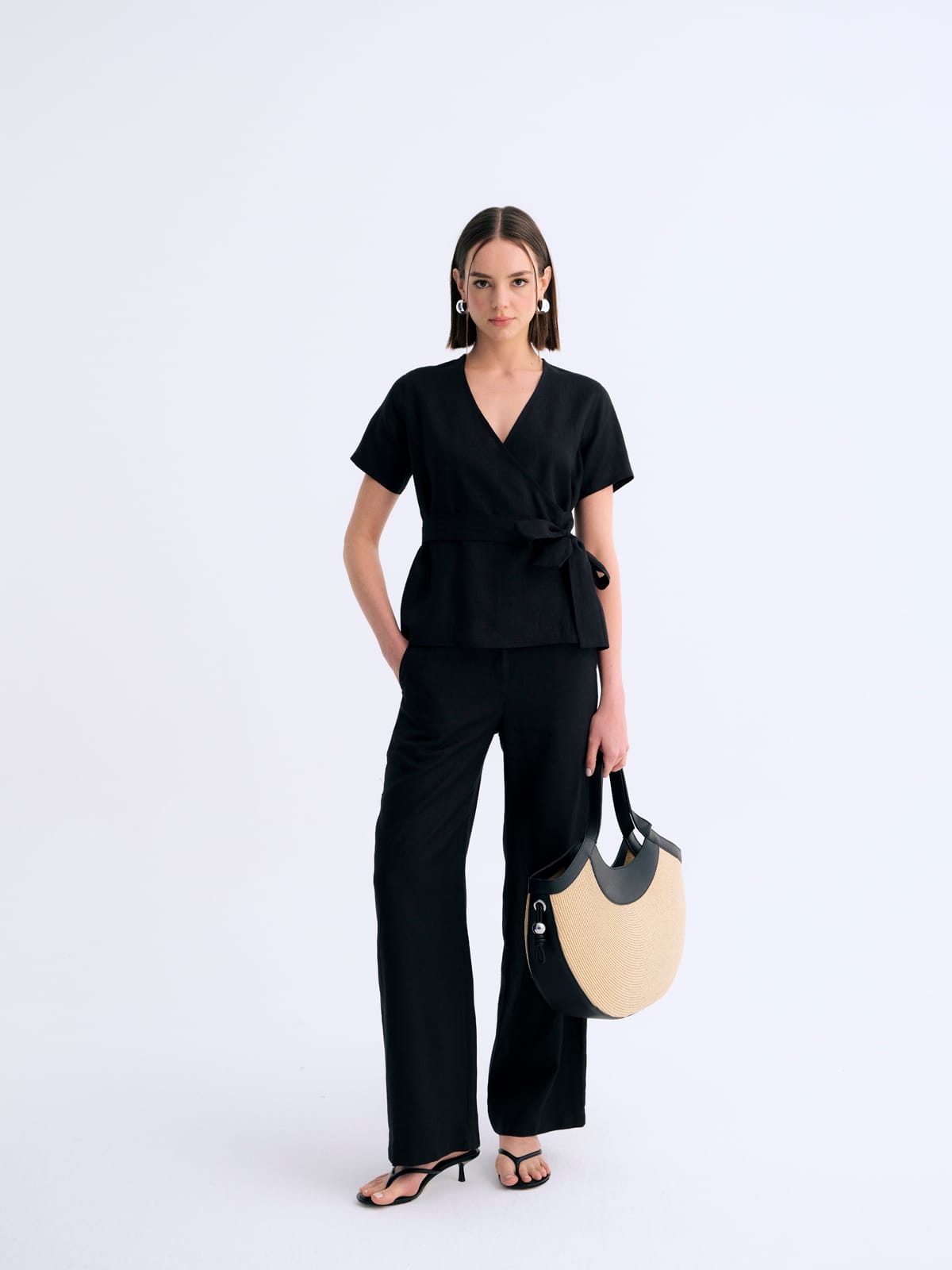 Soft Siyah Drape Bol Paça Klasik Keten Pantolon