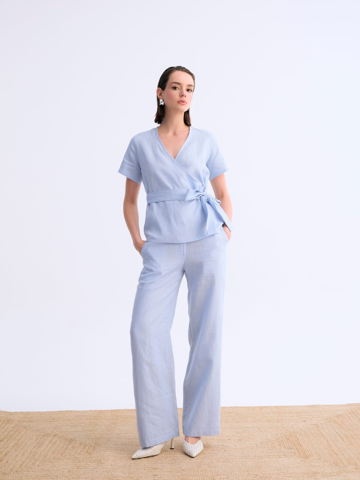 Soft Mavi Drape Bol Paça Klasik Keten Pantolon