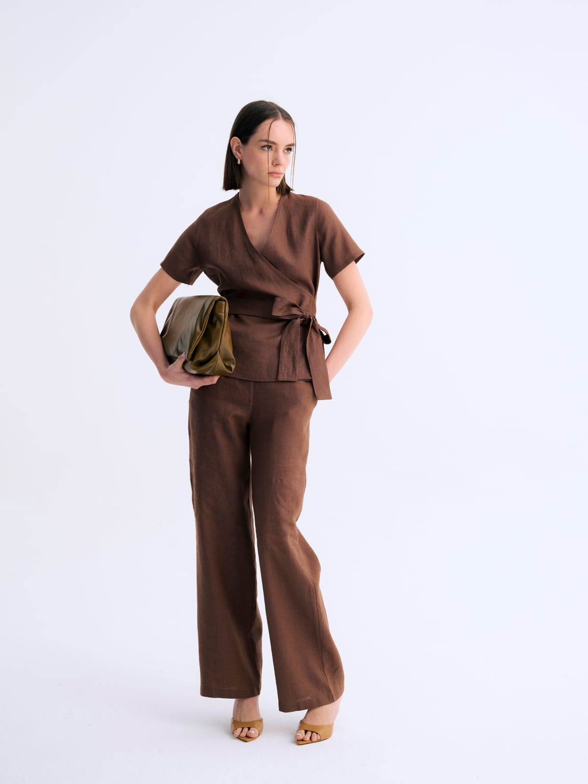 Soft Kahve Drape Bol Paça Klasik Keten Pantolon