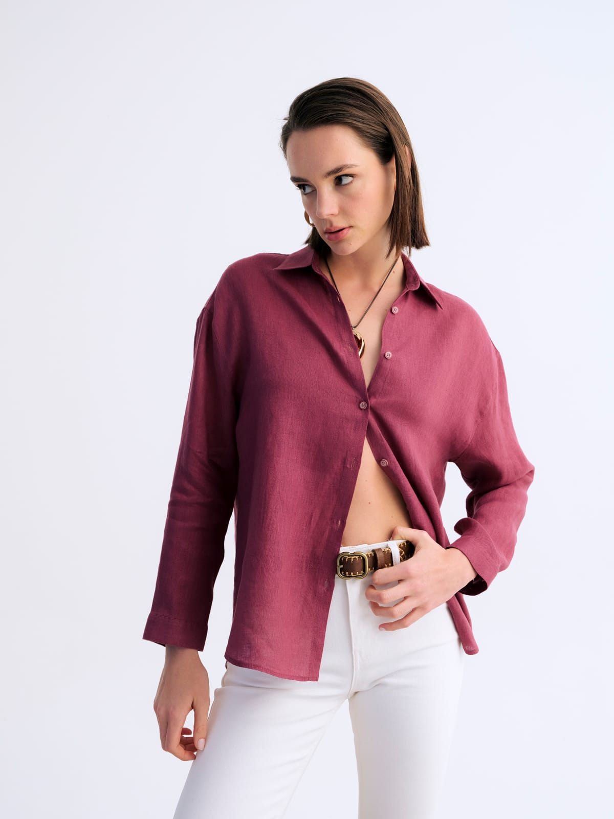 Pure Bordo Form Klasik Keten Gömlek