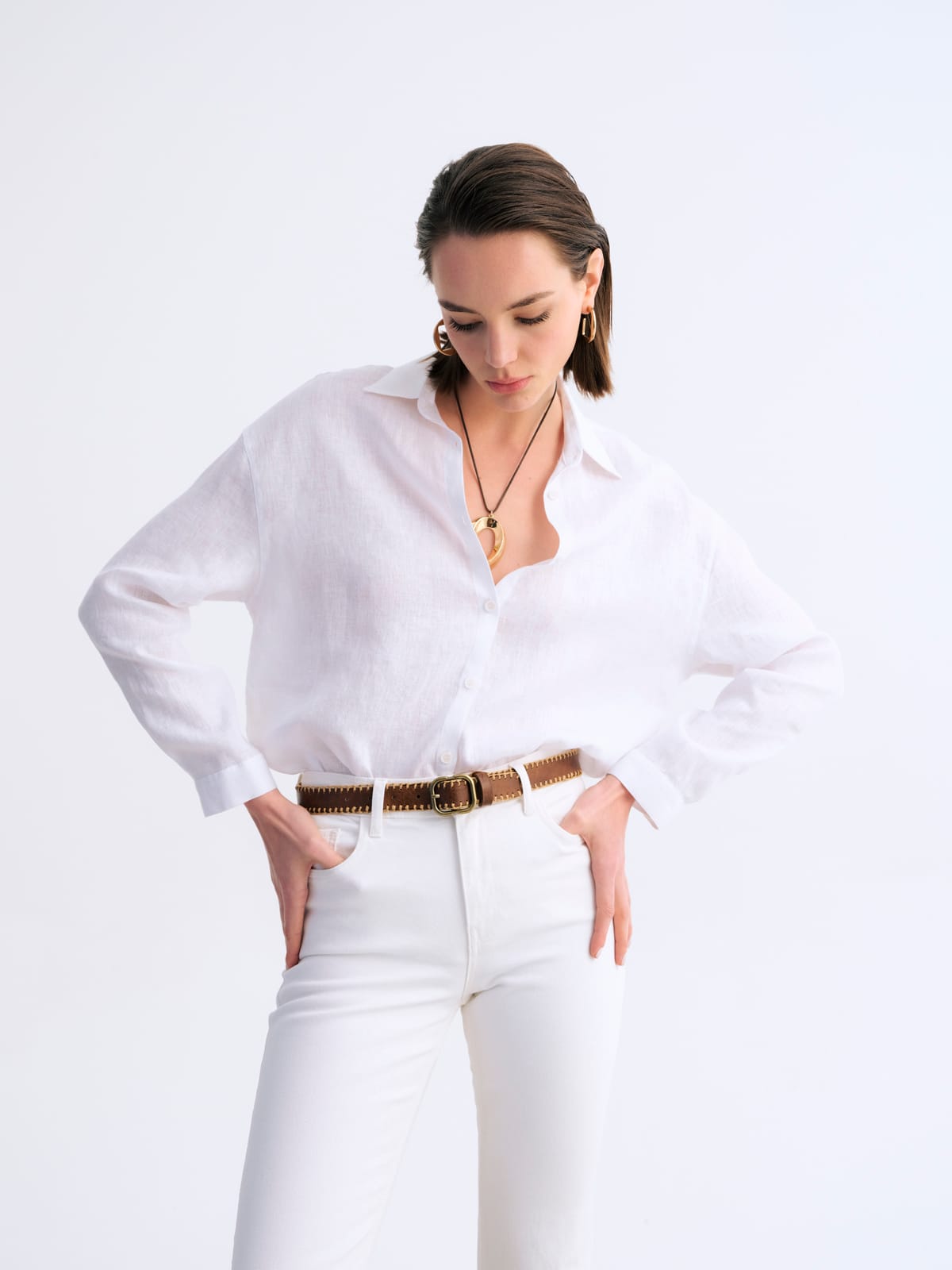 Pure Beyaz Form Klasik Keten Gömlek