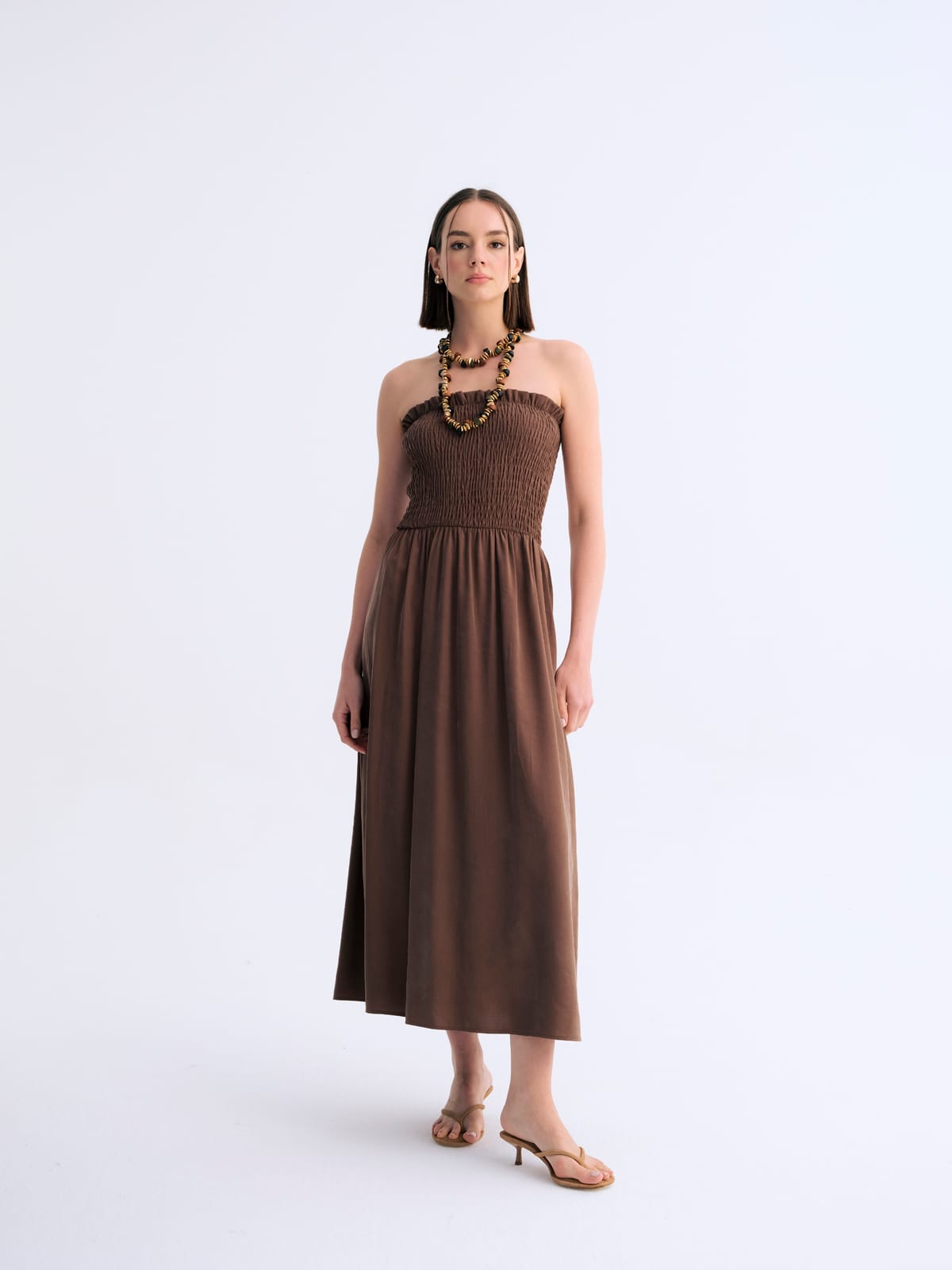 Serena Kahve Silk Lastikli Straplez Elbise