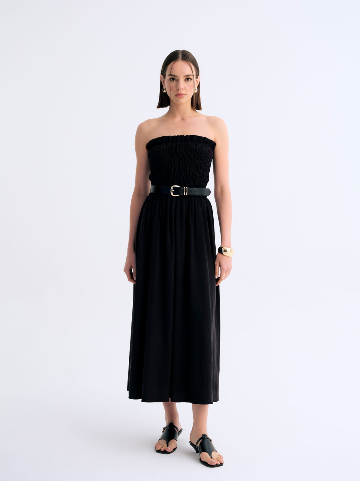 Serena Siyah Silk Lastikli Straplez Elbise