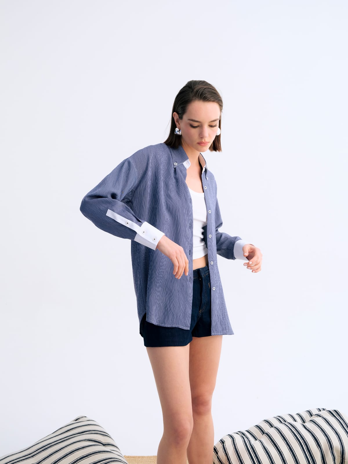 Bold Siyah Cuff Çizgili Poplin Gömlek