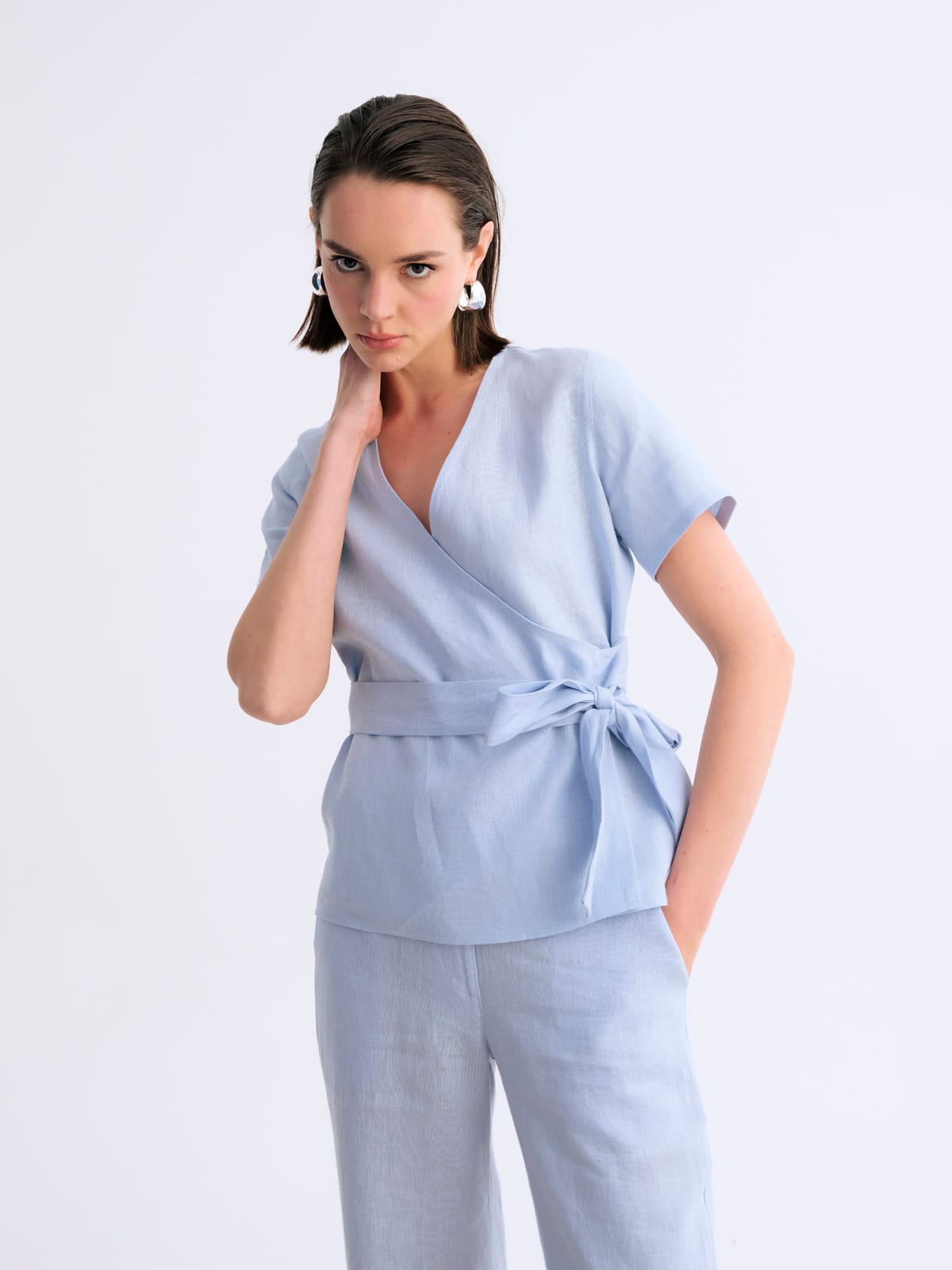 Tied Kahve Grace Mavi Keten Bluz