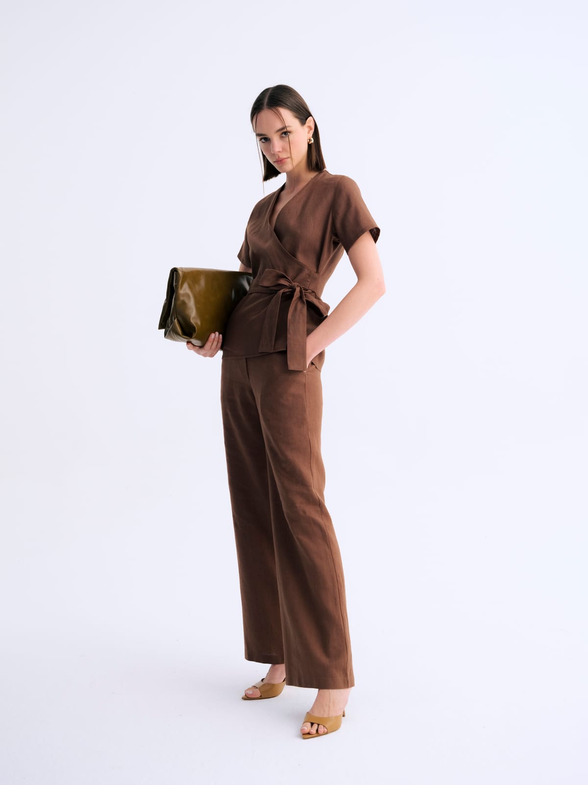 Tied Kahve Grace Kruvaze Keten Bluz