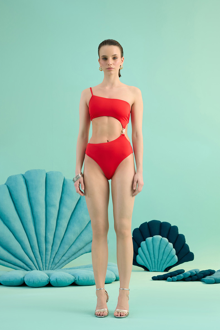 ELLA CHERRY ALTIN DENIZ KABUGU AKSESUARLI PENCERELI TEK OMUZ MAYO