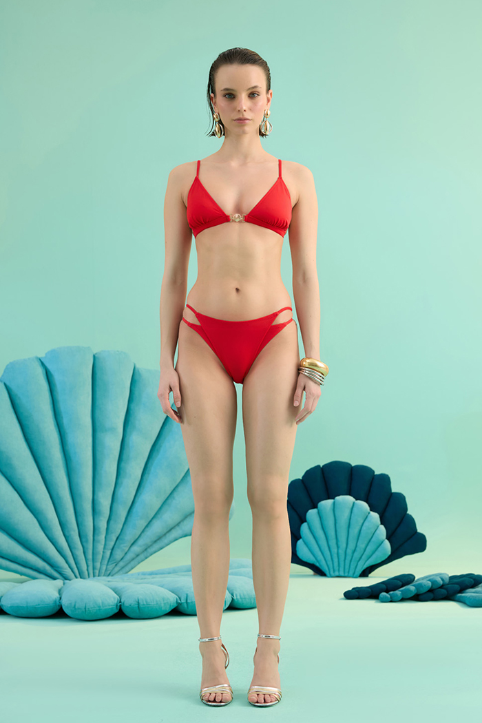 SHELLUNE CHERRY ALTIN DENIZ KABUGU AKSESUARLI V YAKA UCGEN BIKINI TAKIMI