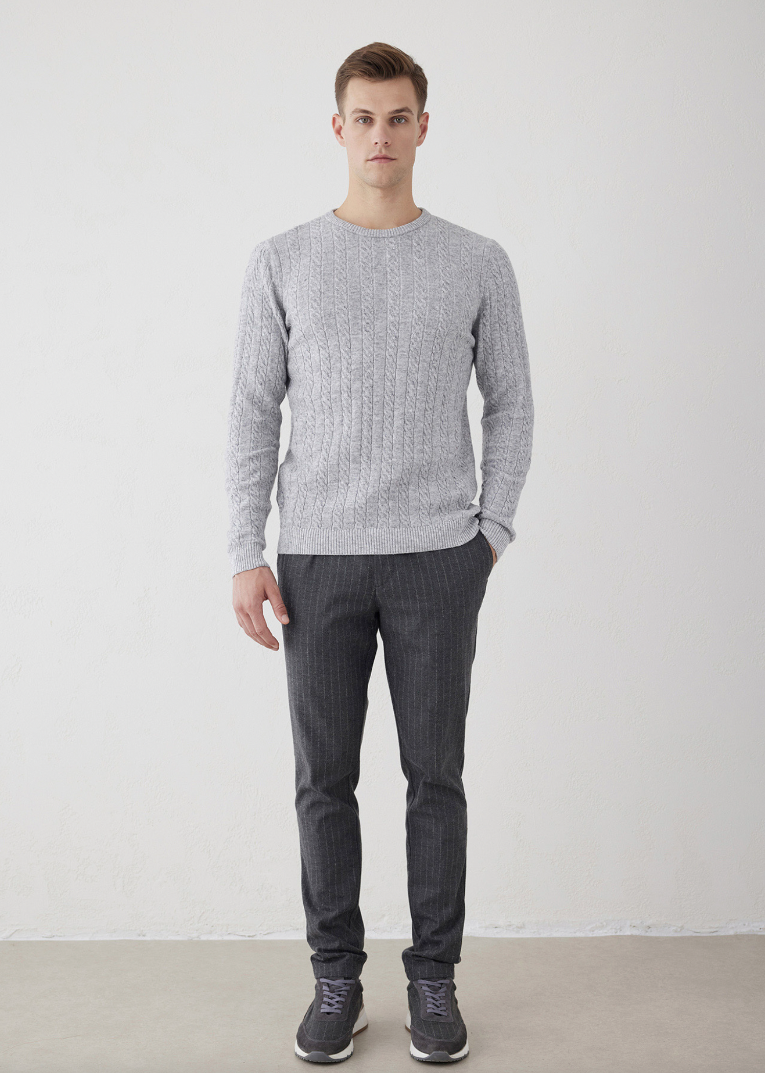 Gri Melanj Renk Saç Örgü Kaşmir Triko