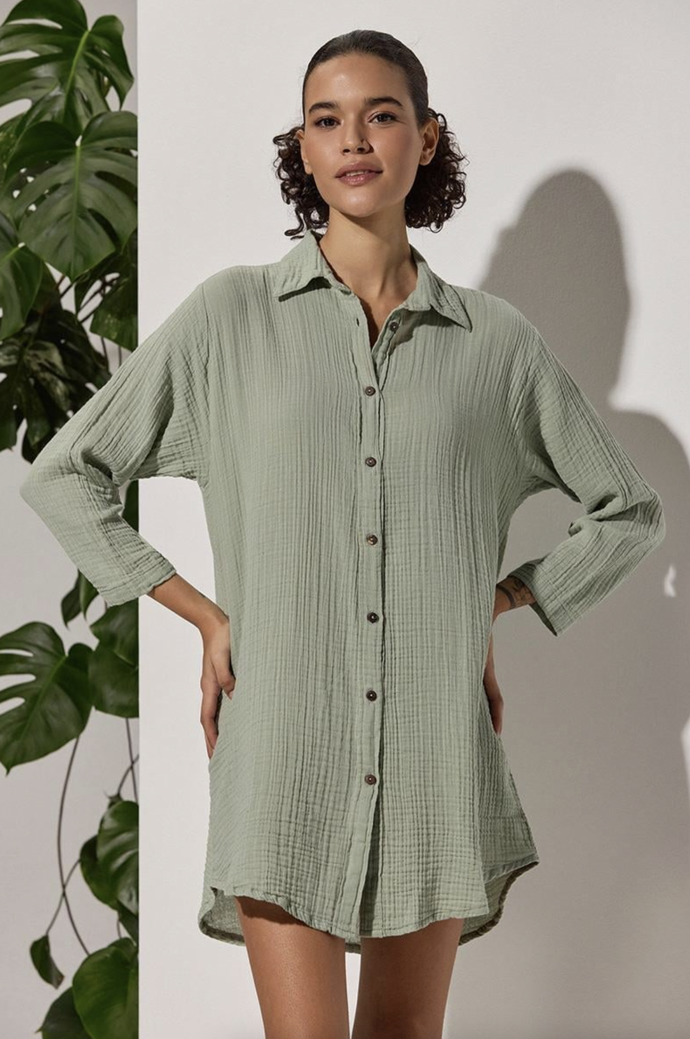 Uzun Kol Muslin Yeşil Kadın Gömlek