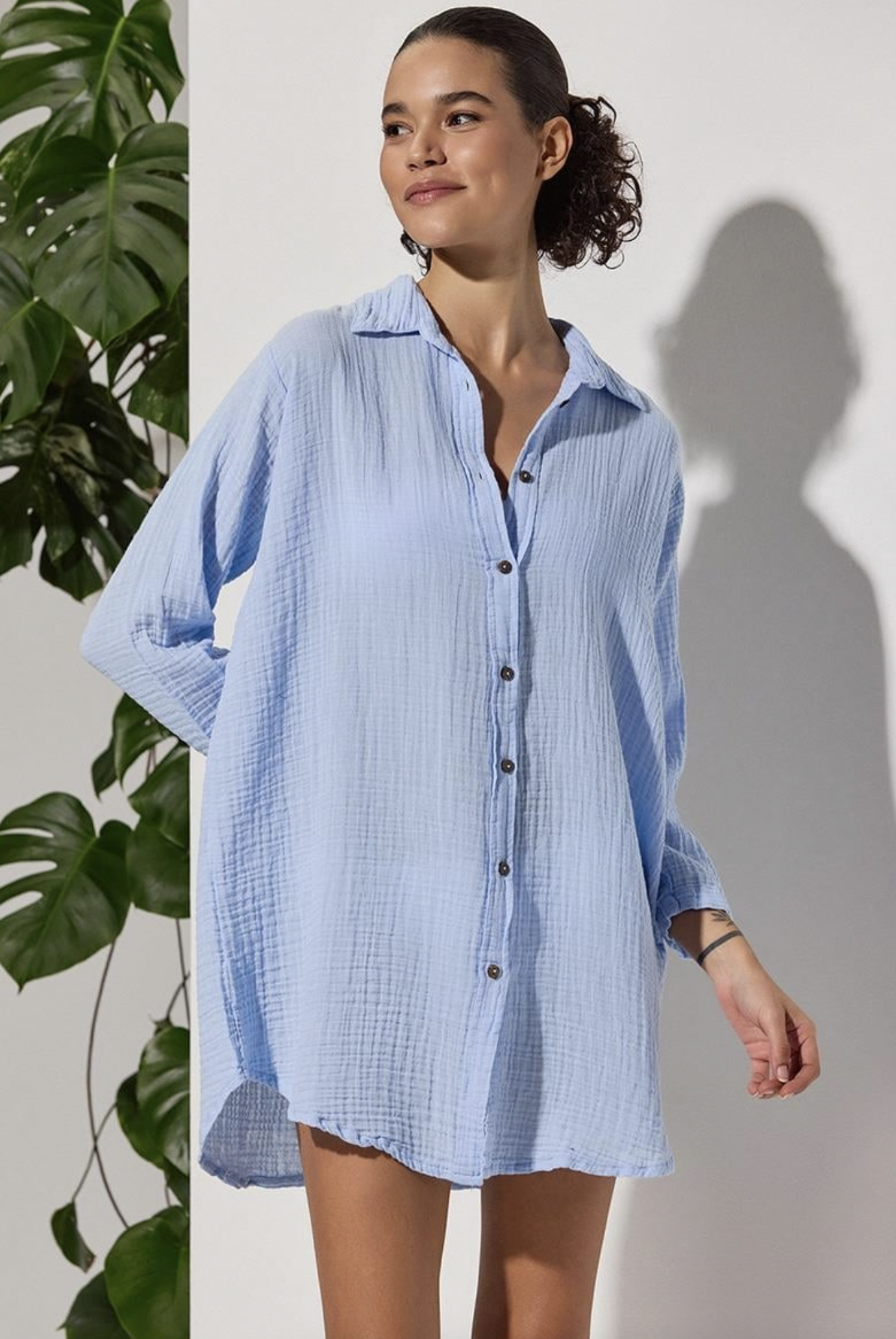 Uzun Kol Muslin Mavi Kadın Gömlek