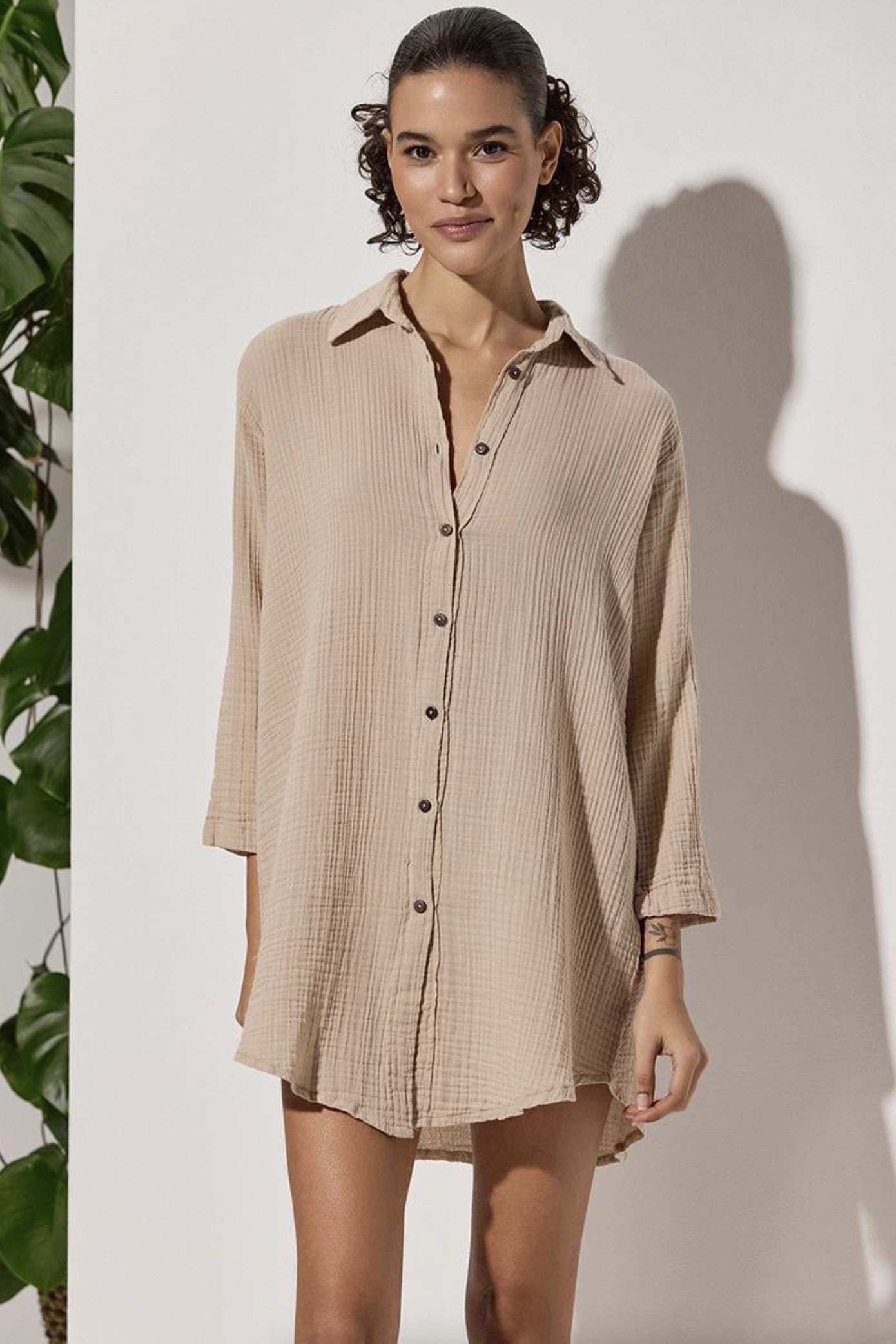 Uzun Kol Muslin Bej Kadın Gömlek