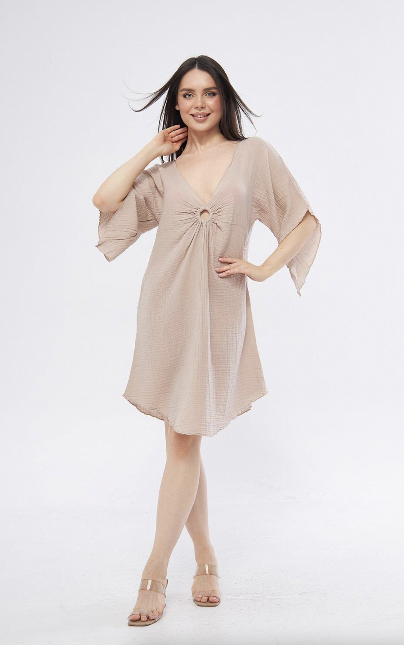 Halkalı Mini Bej Elbise