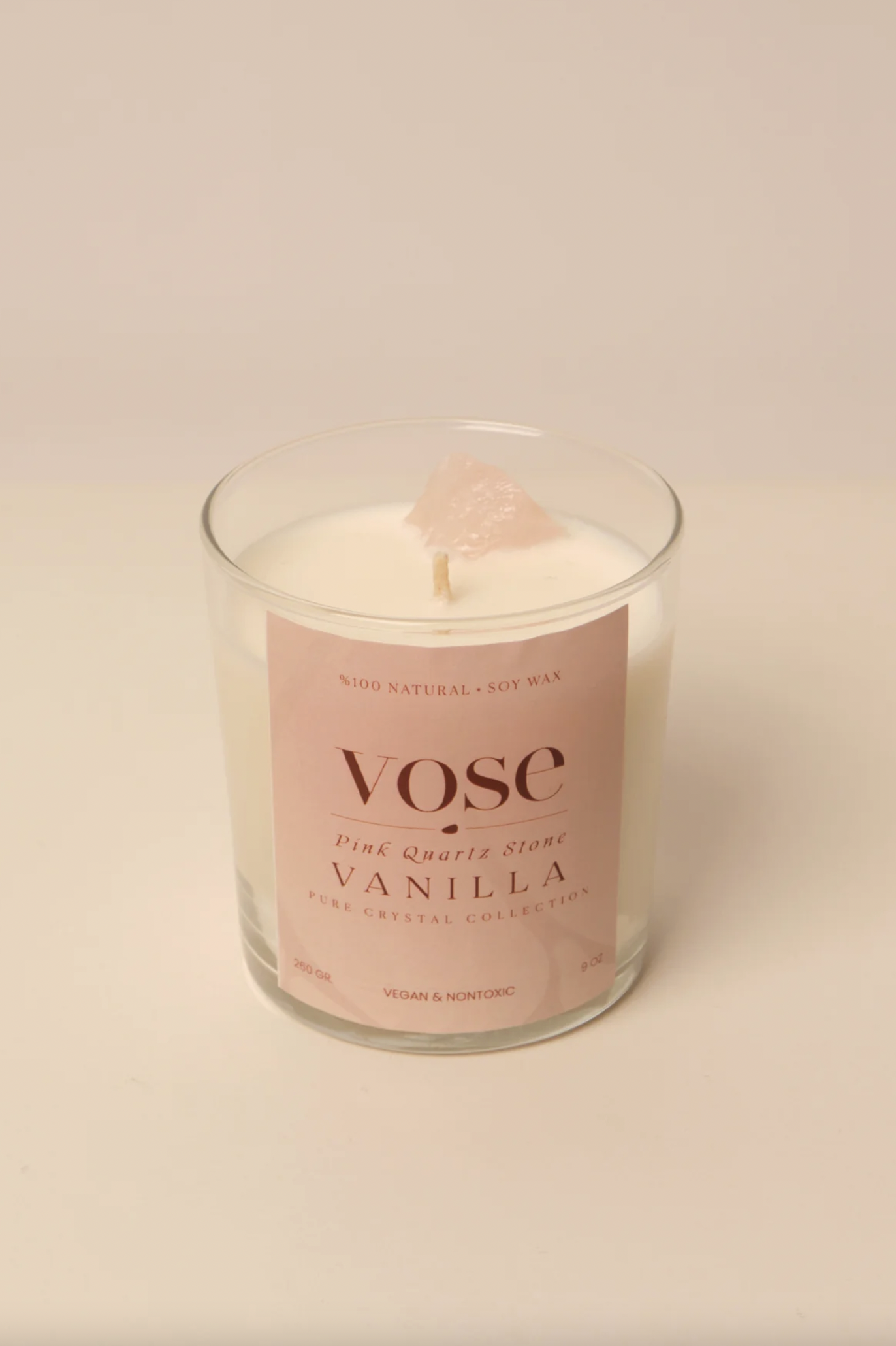 Vose Pembe Kuvars Taşlı Vanilya Kokulu Doğal Soya Mumu